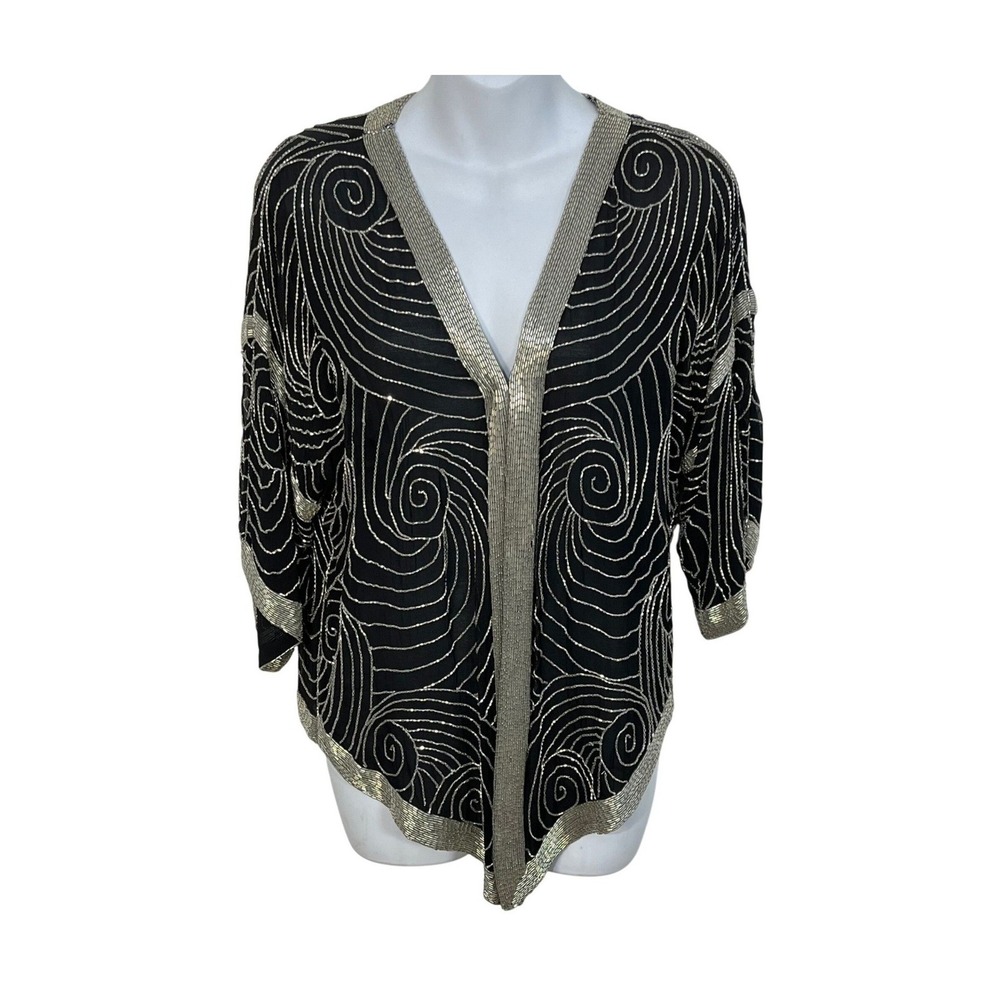 St. Honore Beaded Silk Kimono Top Women Medium Black Silver Art Deco Evening